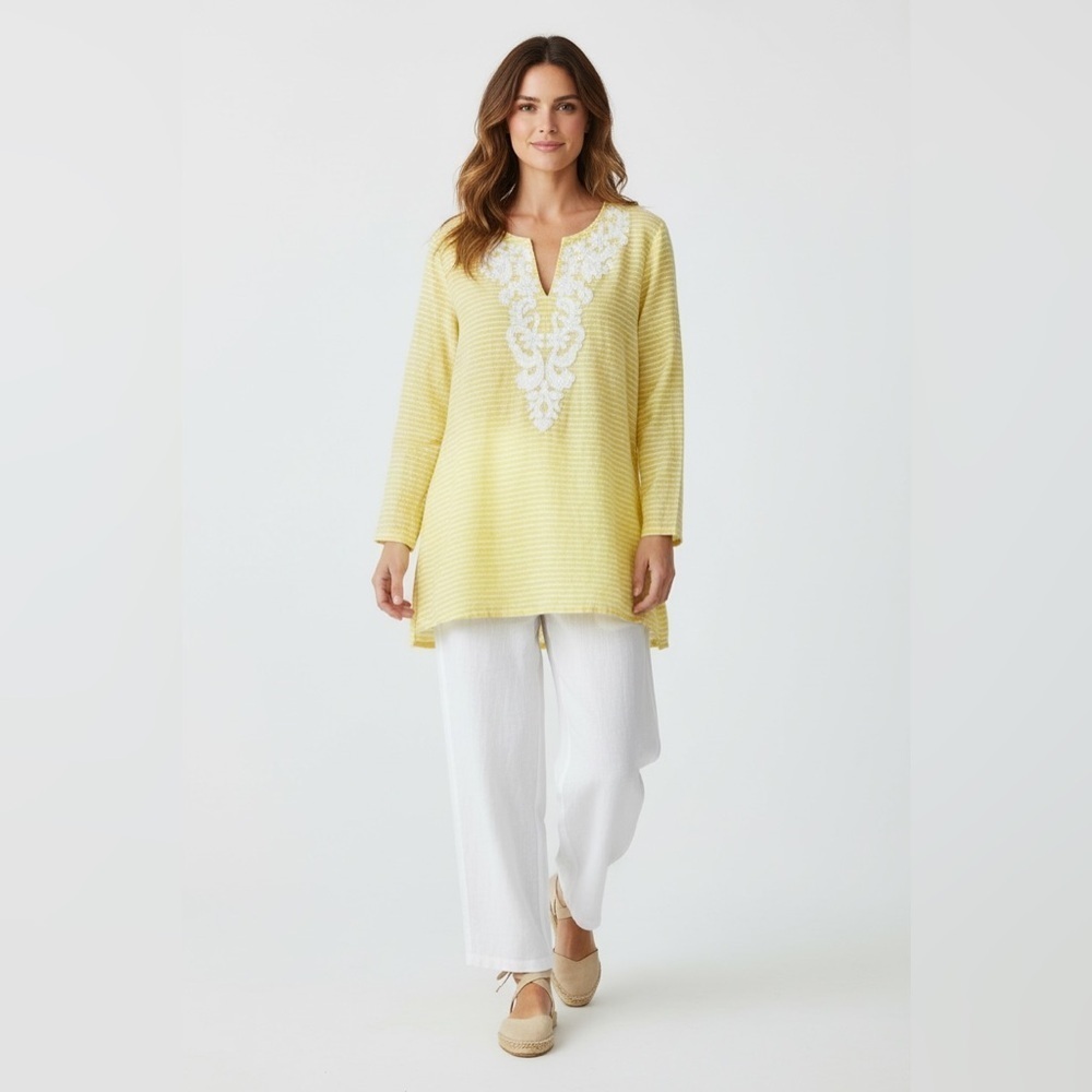Talbots Yellow White Striped Linen Tunic Women’s Medium Embroidered Top